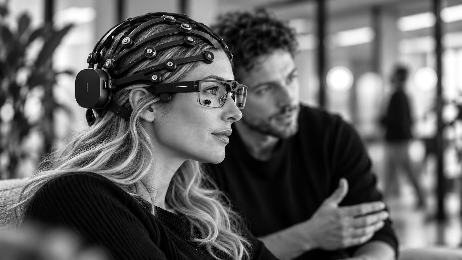 A research participant wearing an EEG headset and eye-tracking glasses, with a researcher beside her